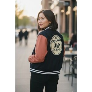 Disney Mickey Minnie Mouse Varsity Jacket Black Orange Embroidered Size XSmall